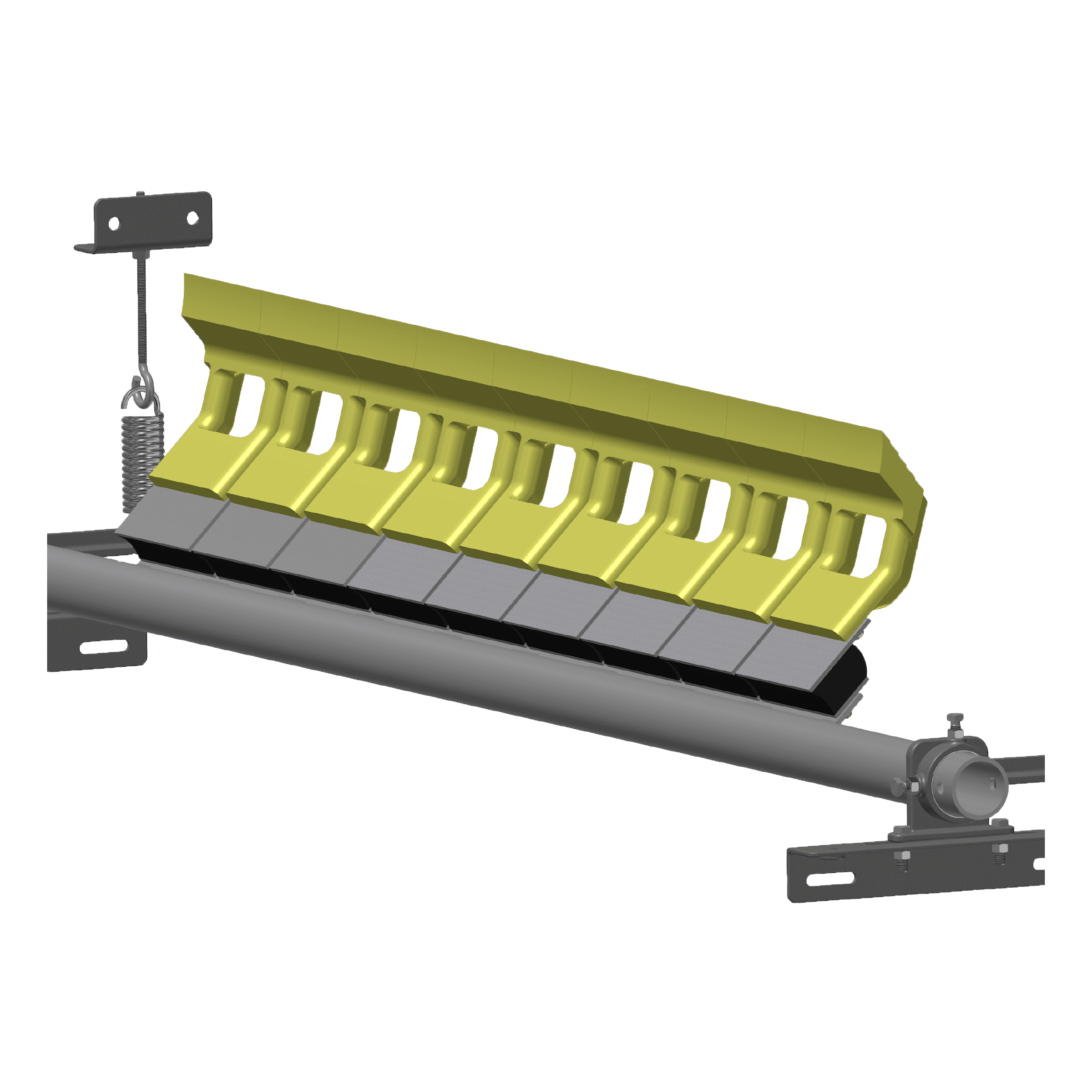 A 3D rendering of an industrial conveyor belt cleaner with a yellow blade and metal mounting brackets on each end.