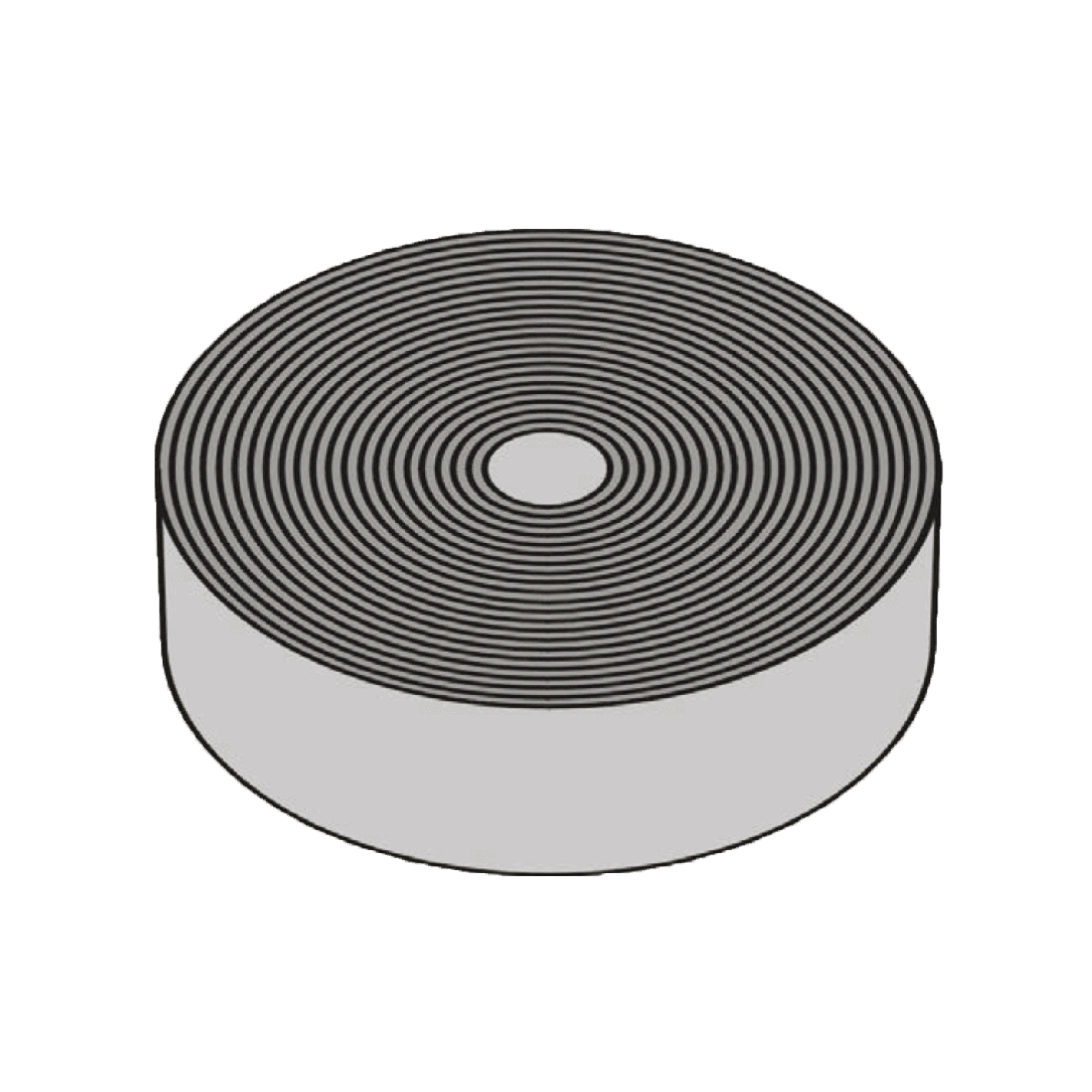 A black and white illustration of a roll of tape seen from an angle, showing concentric circles on the top surface.