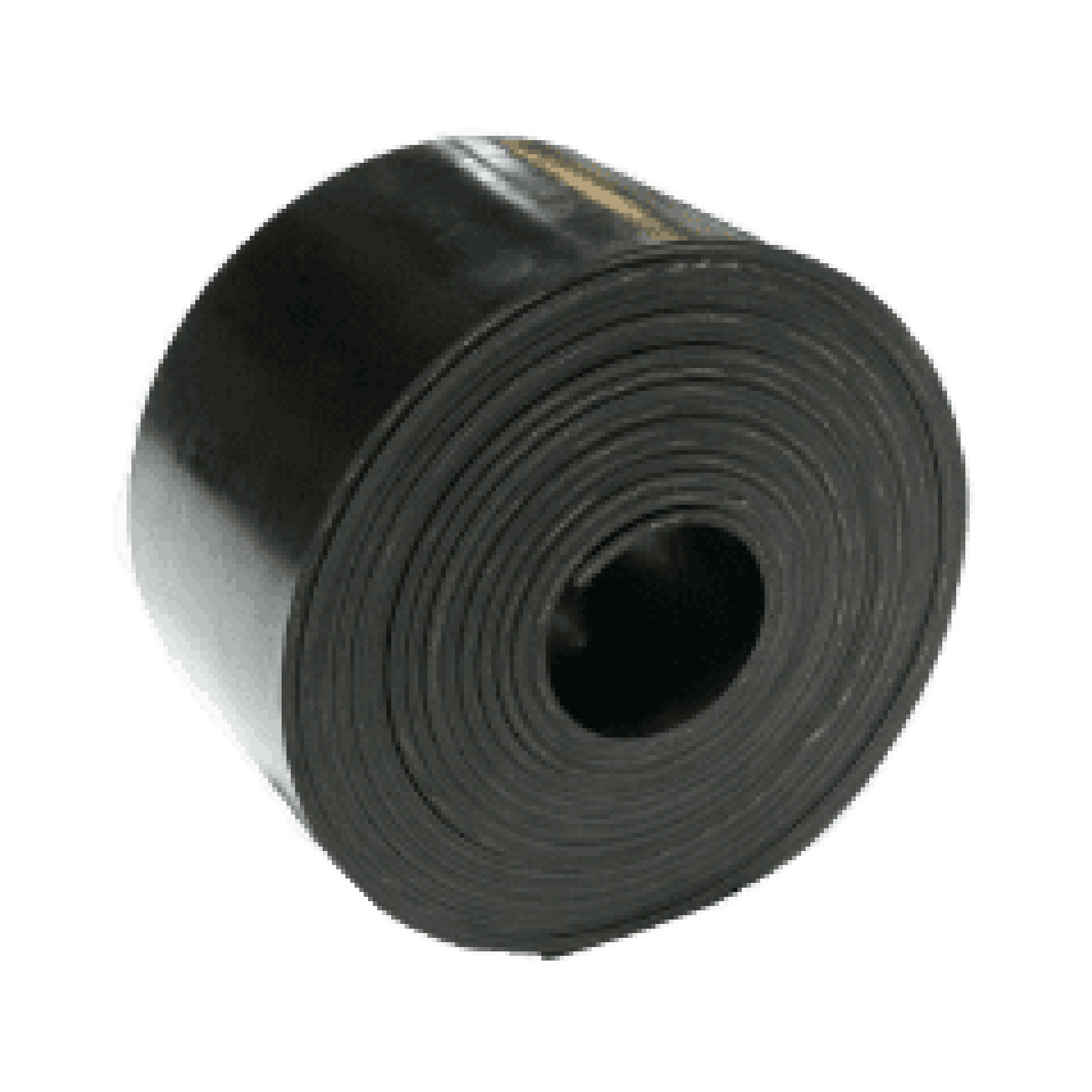 A large roll of black industrial rubber sheet, tightly wound with a hollow center, placed on a plain background.