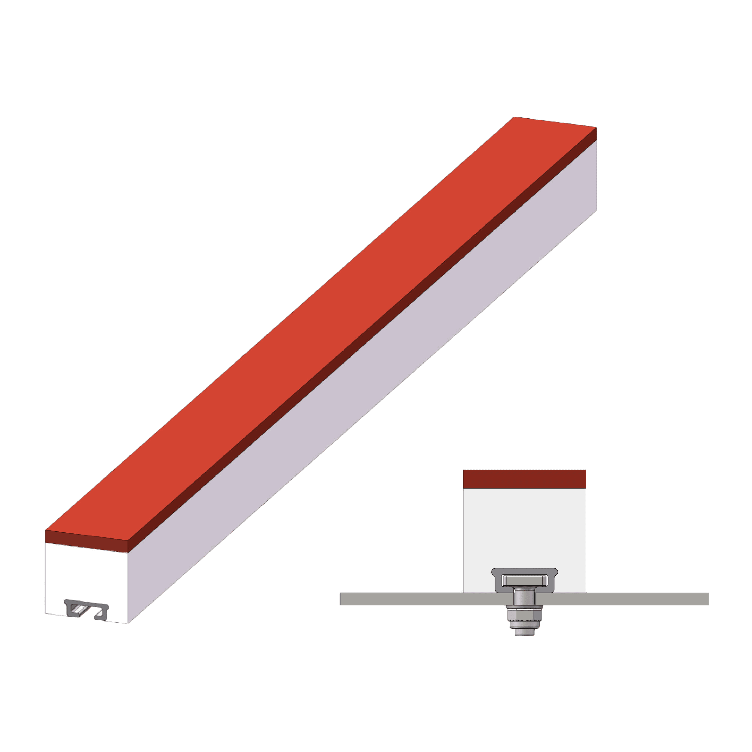 3D illustration of a rectangular bar with a red top surface, shown in perspective view and cross-sectional side view with a mounting component beneath.