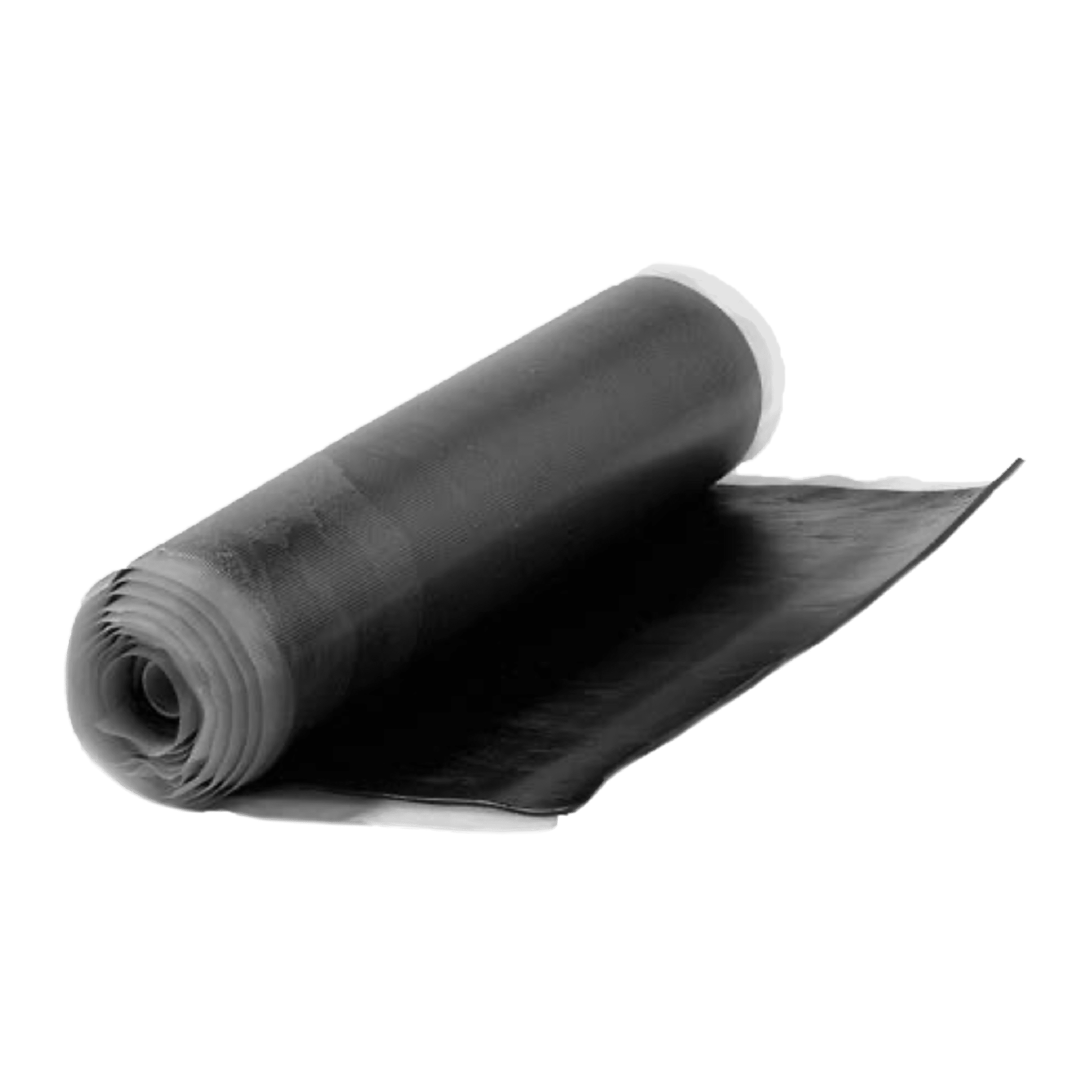 A rolled-up sheet of black mesh material is shown on a plain white background.