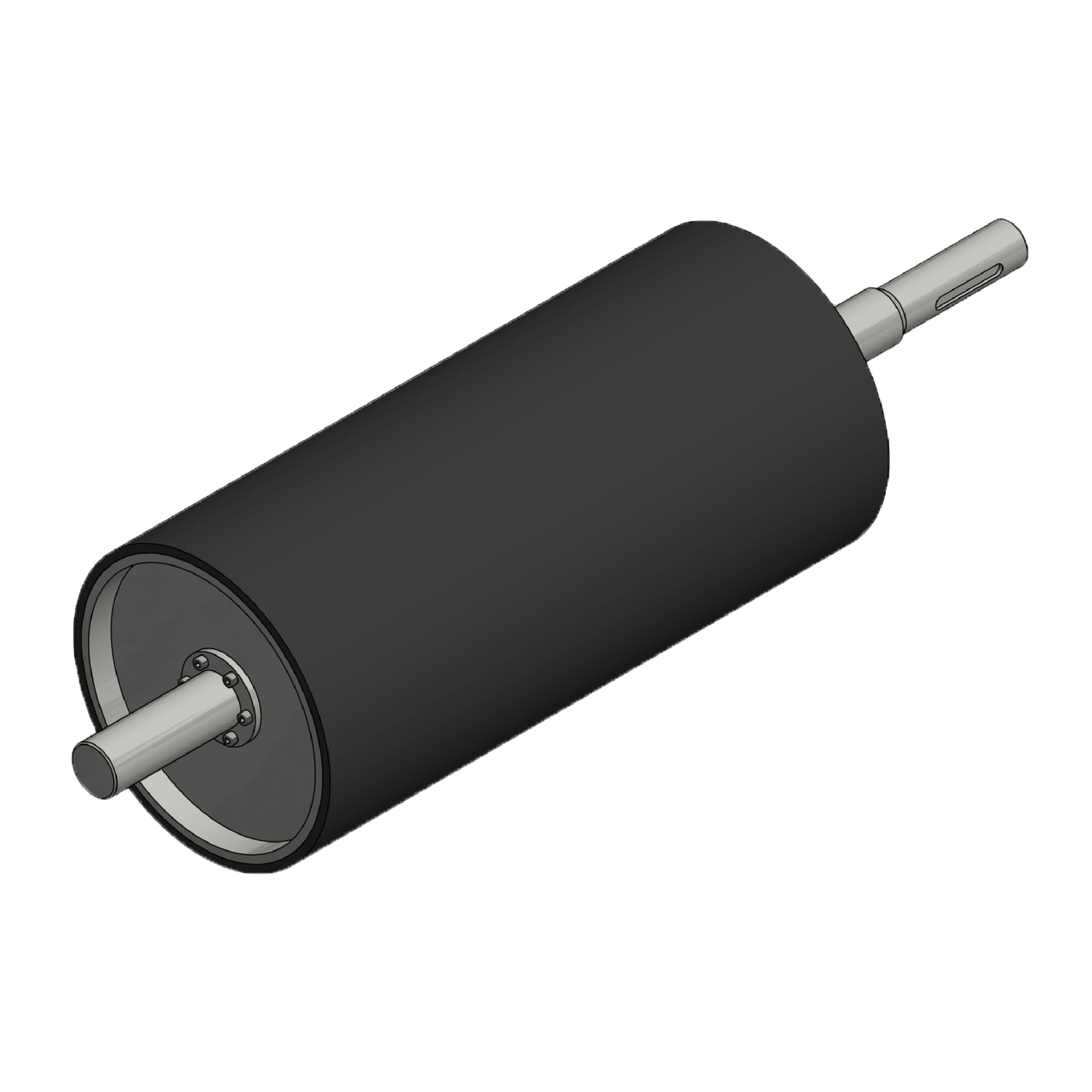 A 3D render of a cylindrical black industrial roller with metal shafts extending from both ends, isolated on a white background.