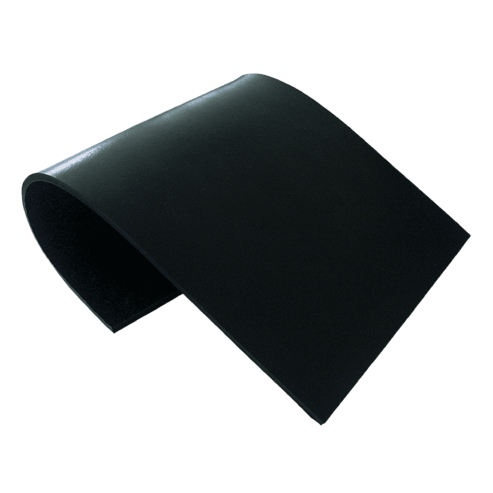 A flat, flexible sheet of black rubber is shown partially curved against a plain white background.