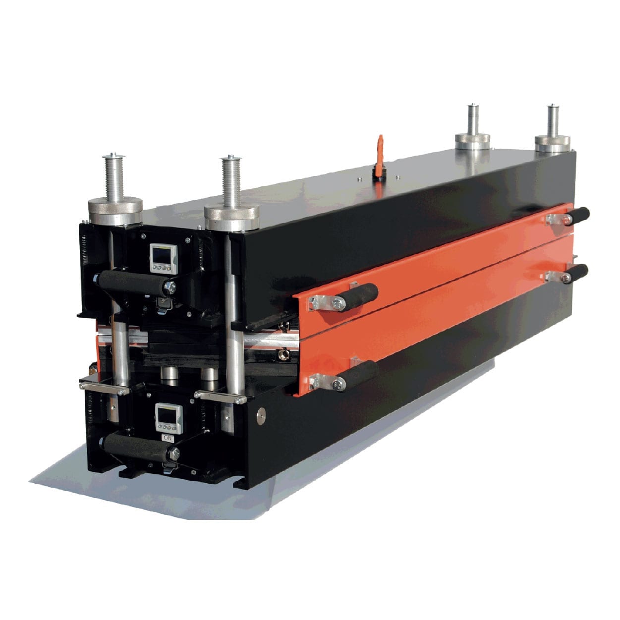 Rectangular industrial machine component with black and orange panels, metal bolts, handles, and digital displays, positioned against a white background.