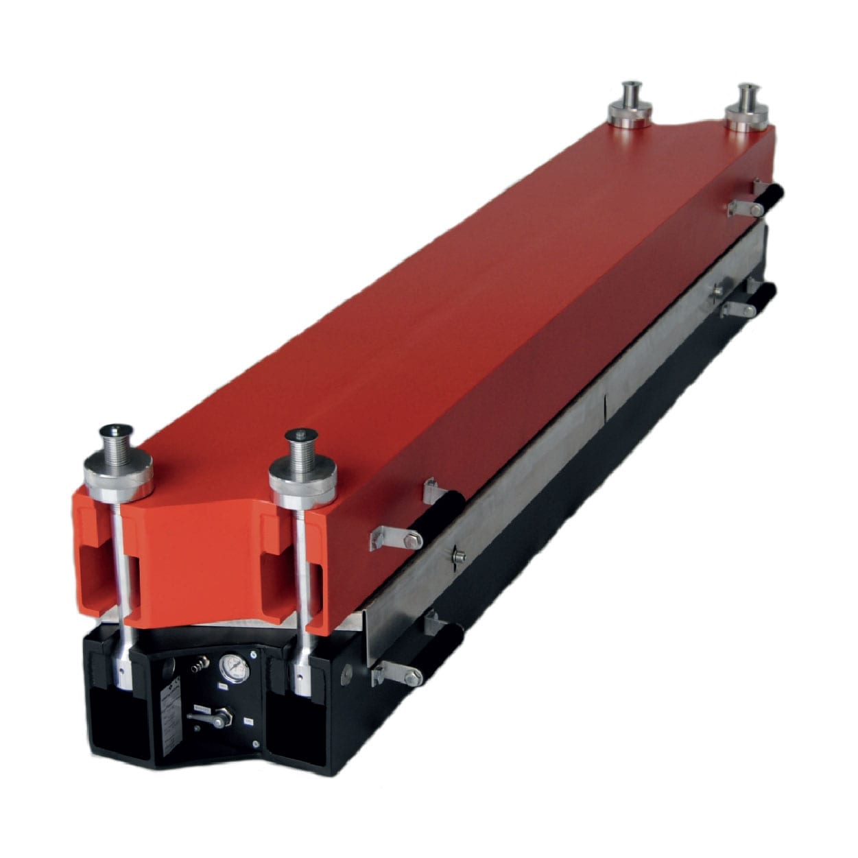 Rectangular industrial component with a red top cover, metal fittings, and connectors at each end, likely part of a mechanical or electrical system.