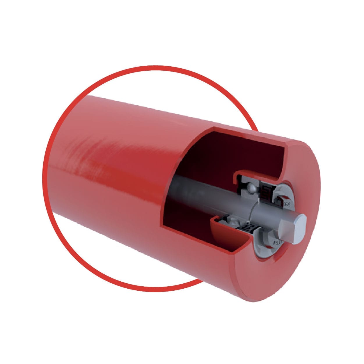 A red cylindrical roller is shown with a cutaway section, revealing internal components including a shaft and bearing assembly.
