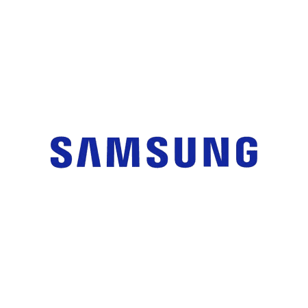 Samsung logo in blue capital letters on a transparent background.