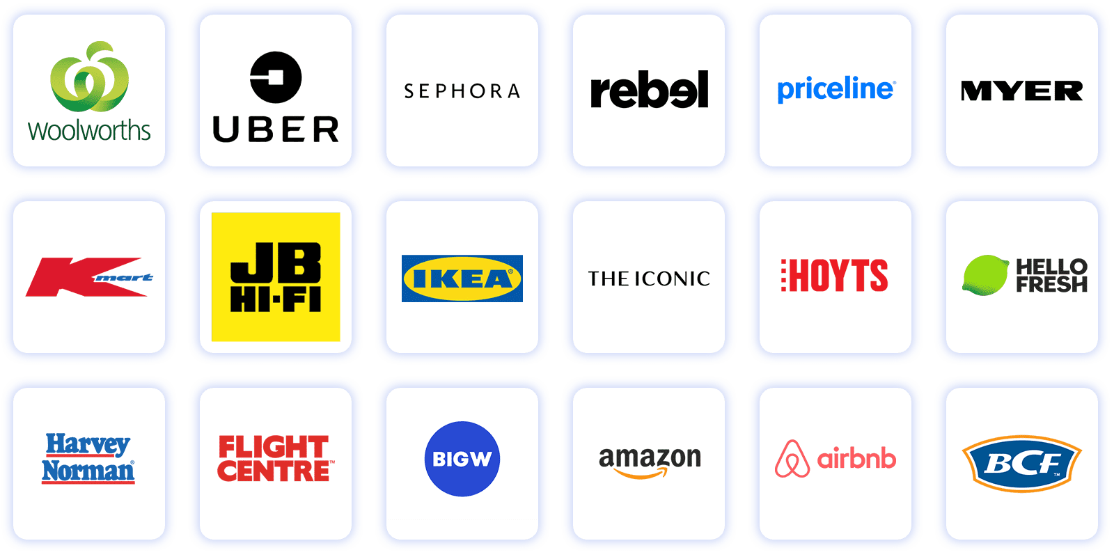 A grid of 20 logos including Woolworths, Uber, Sephora, Rebel, Priceline, Myer, Kmart, JB Hi-Fi, IKEA, The Iconic, Hoyts, Hello Fresh, Harvey Norman, Flight Centre, BIG W, Amazon, Airbnb, BCF.