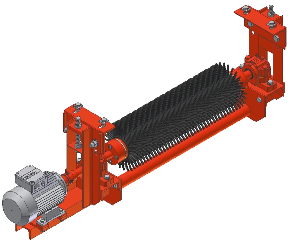 3D rendering of an industrial rotary brush system with a motor, steel frame, and cylindrical bristle brush mounted on bearings.