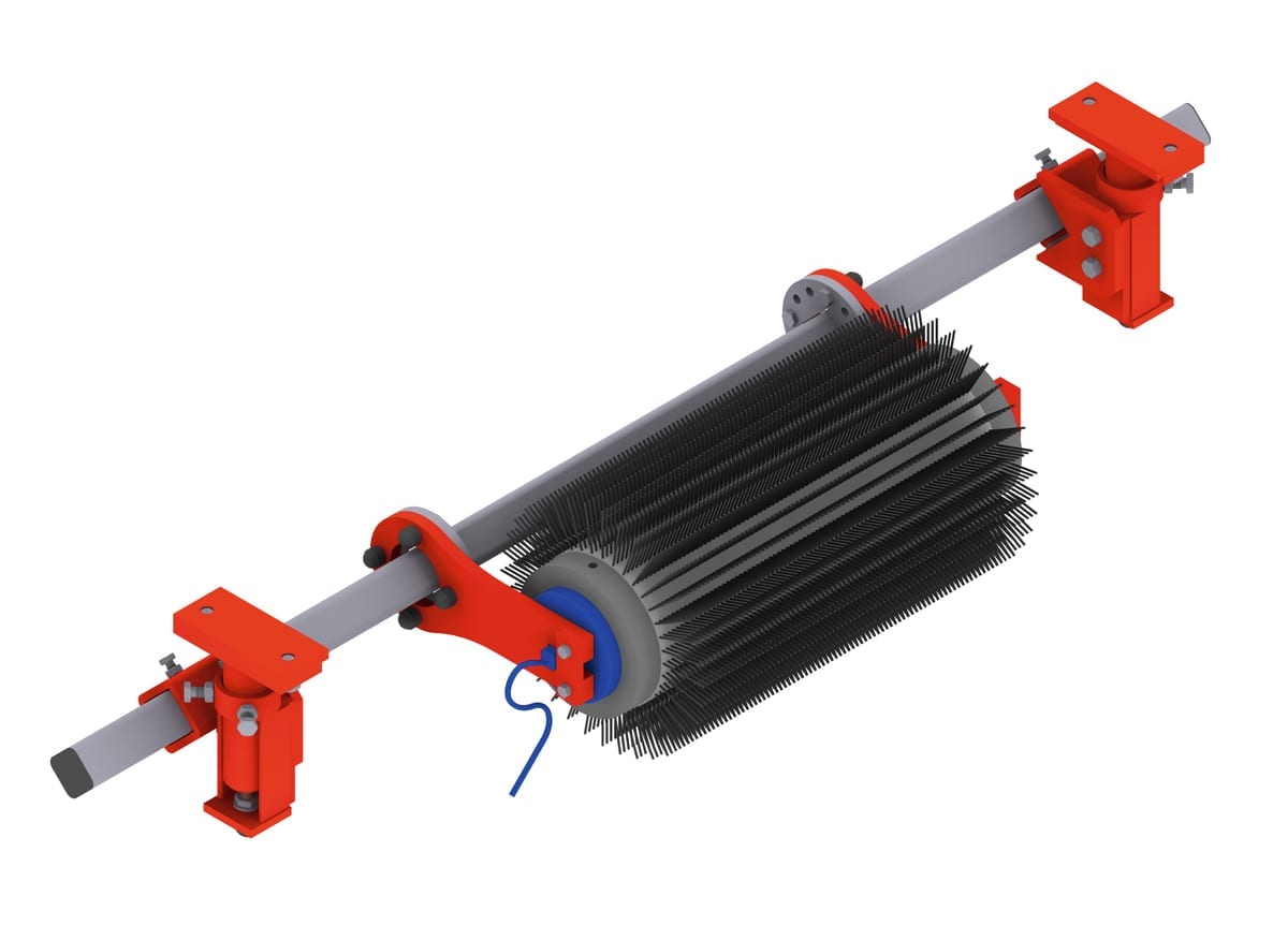 3D render of an industrial conveyor belt cleaner with a cylindrical brush roller, grey shaft, and red mounting brackets on a white background.