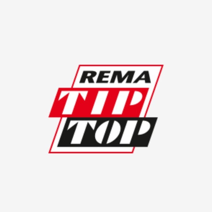 The image shows the REMA TIP TOP logo with REMA in black text above TIP in red and TOP in black, all set within red and black outlined rectangles on a white background.