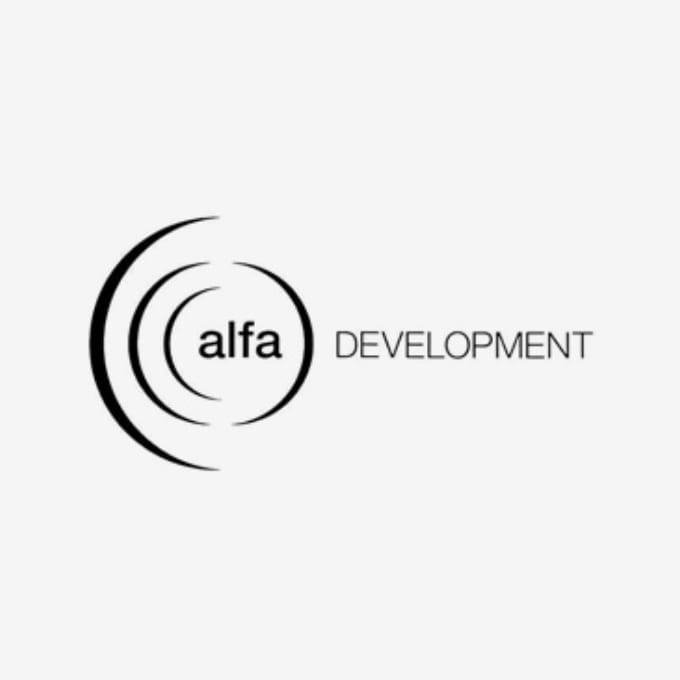 Black and white logo if alfa inside a circle with curved lines to the left and the word DEVELOPMENT to the right on a plain background.