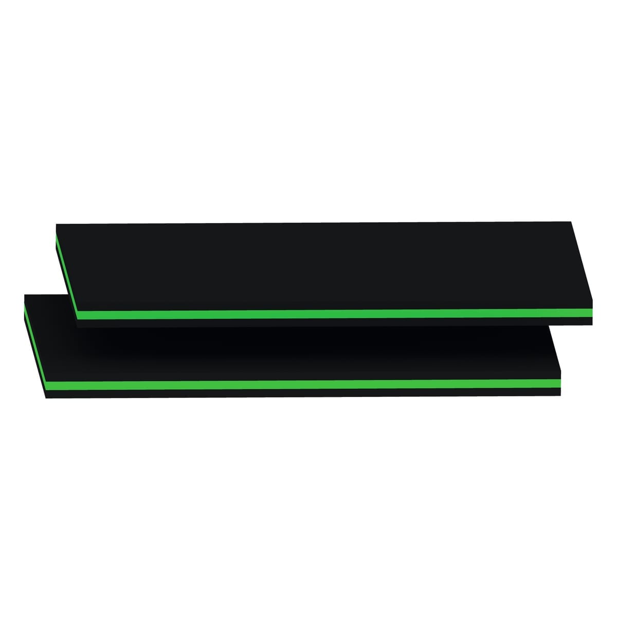 Two rectangular black boards with a thin green stripe along the edge, stacked slightly offset against a white background.