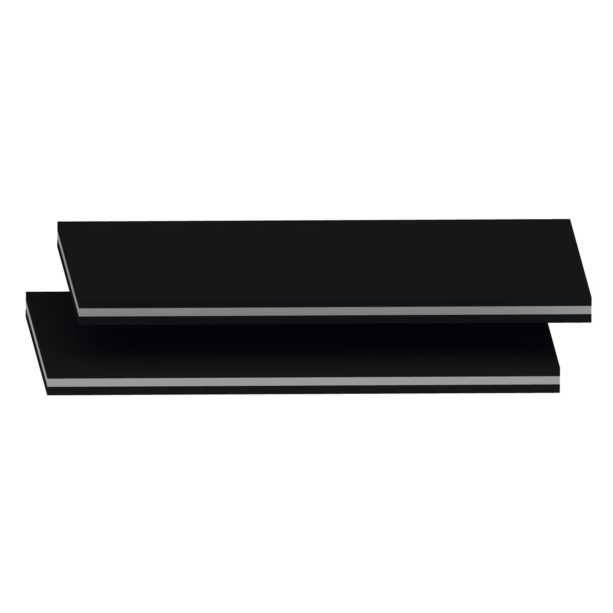 Two black rectangular shelves with grey edges, stacked slightly offset on a white background.