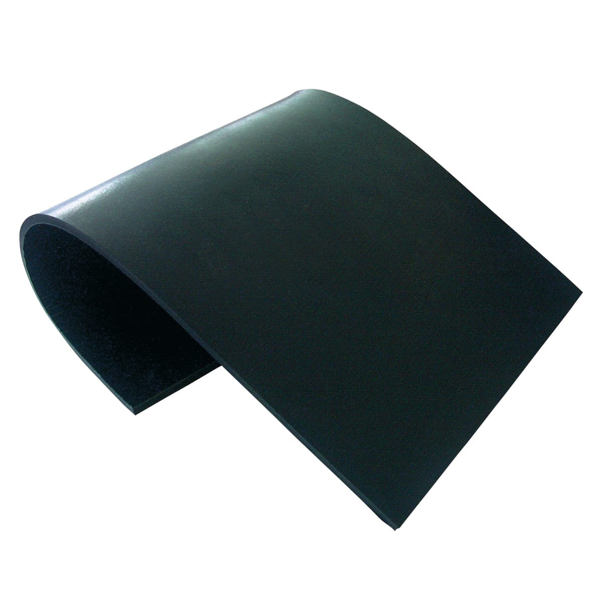 A thick, flexible black rubber sheet is bent into an arch, shown against a plain white background.