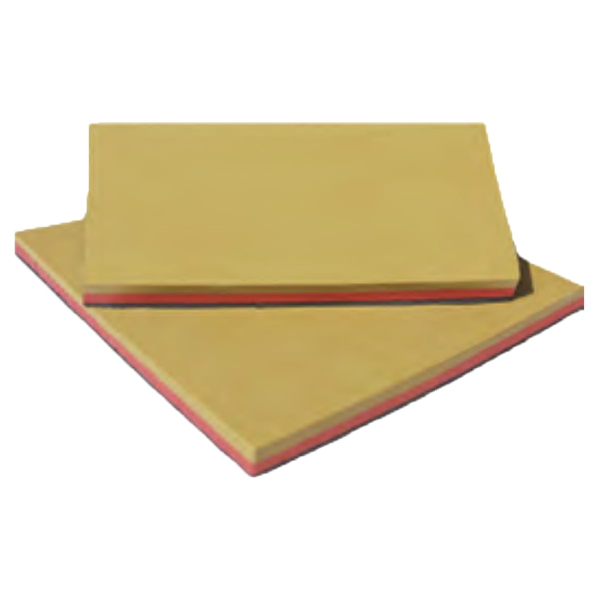 Two rectangular sheets with a tan top layer and a visible red middle layer, stacked on top of each other against a white background.