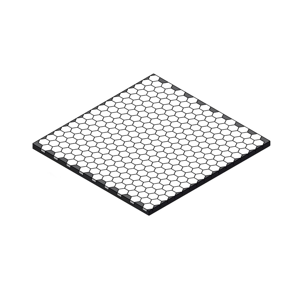 A flat, square sheet is shown with a repeating hexagonal grid pattern covering its surface, viewed from an angled perspective on a white background.