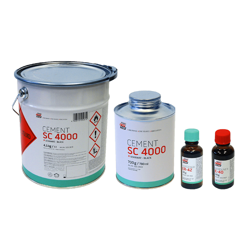 Four containers of industrial adhesive products labeled Cement SC 4000 and ER-42, varying in size, placed side by side on a white background.