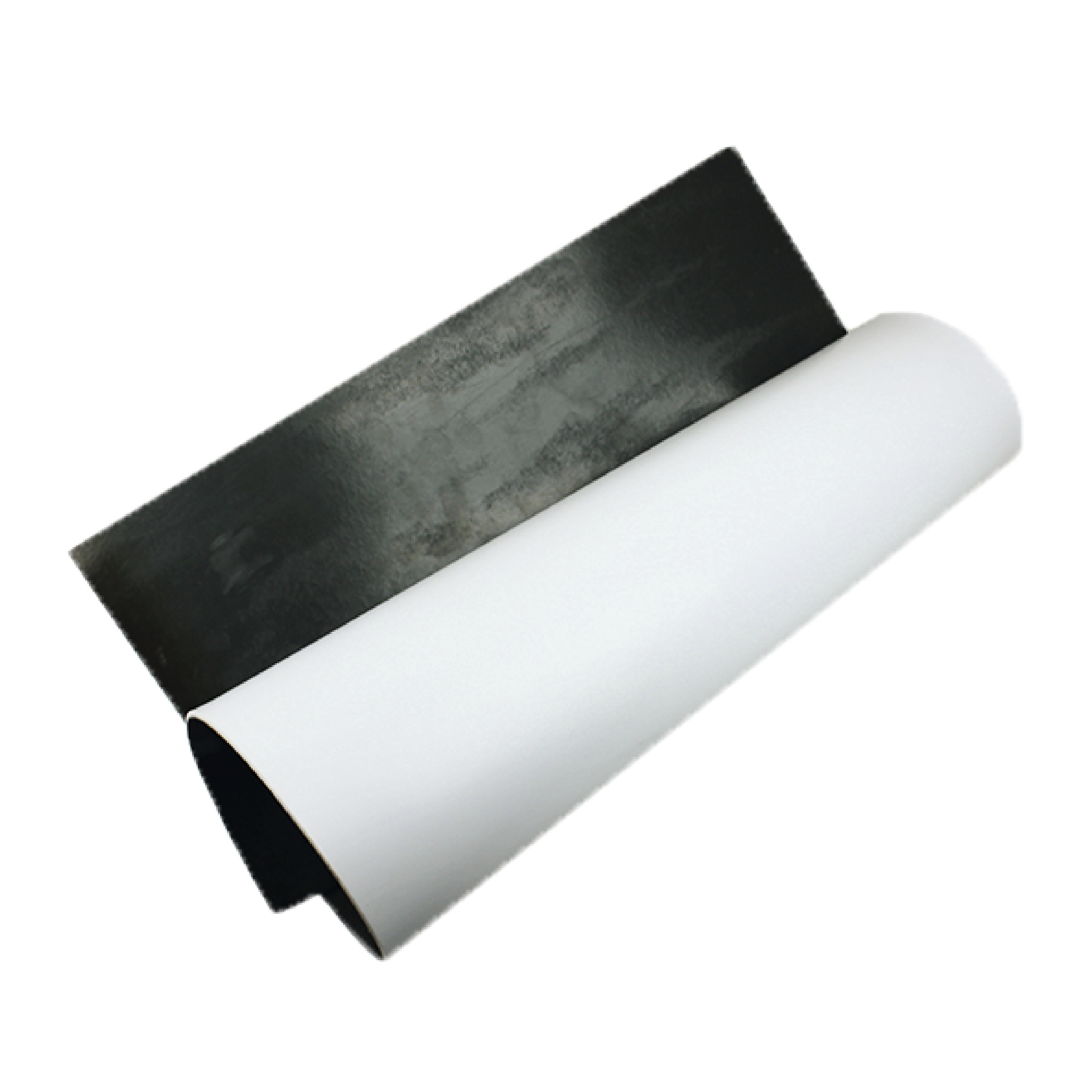 A sheet of flexible magnetic material with a black magnetic side and a white printable side, partially rolled on a plain background.
