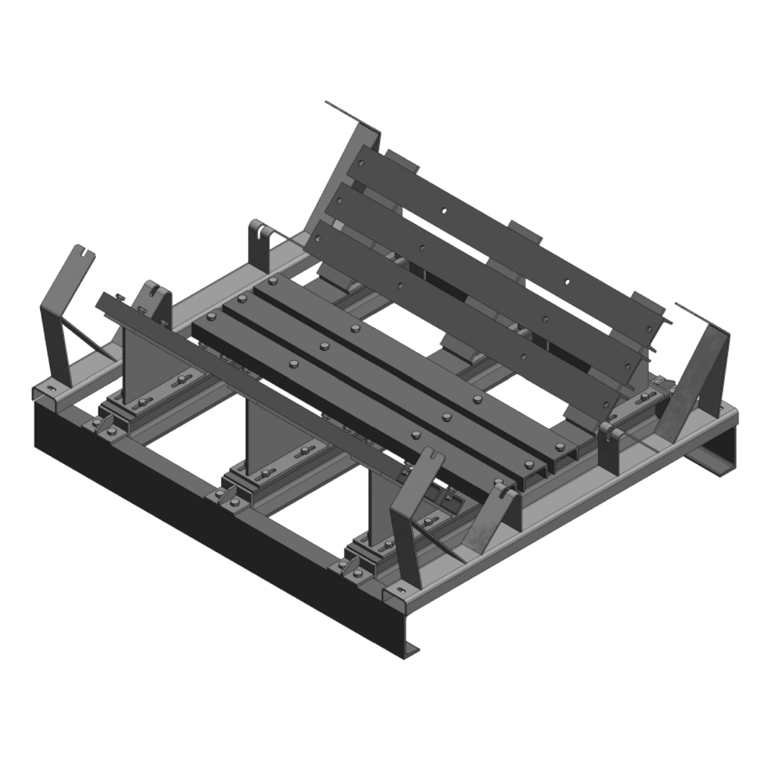 3D rendering of a metal frame structure with adjustable brackets and horizontal slats, resembling a mechanical fixture or support assembly.