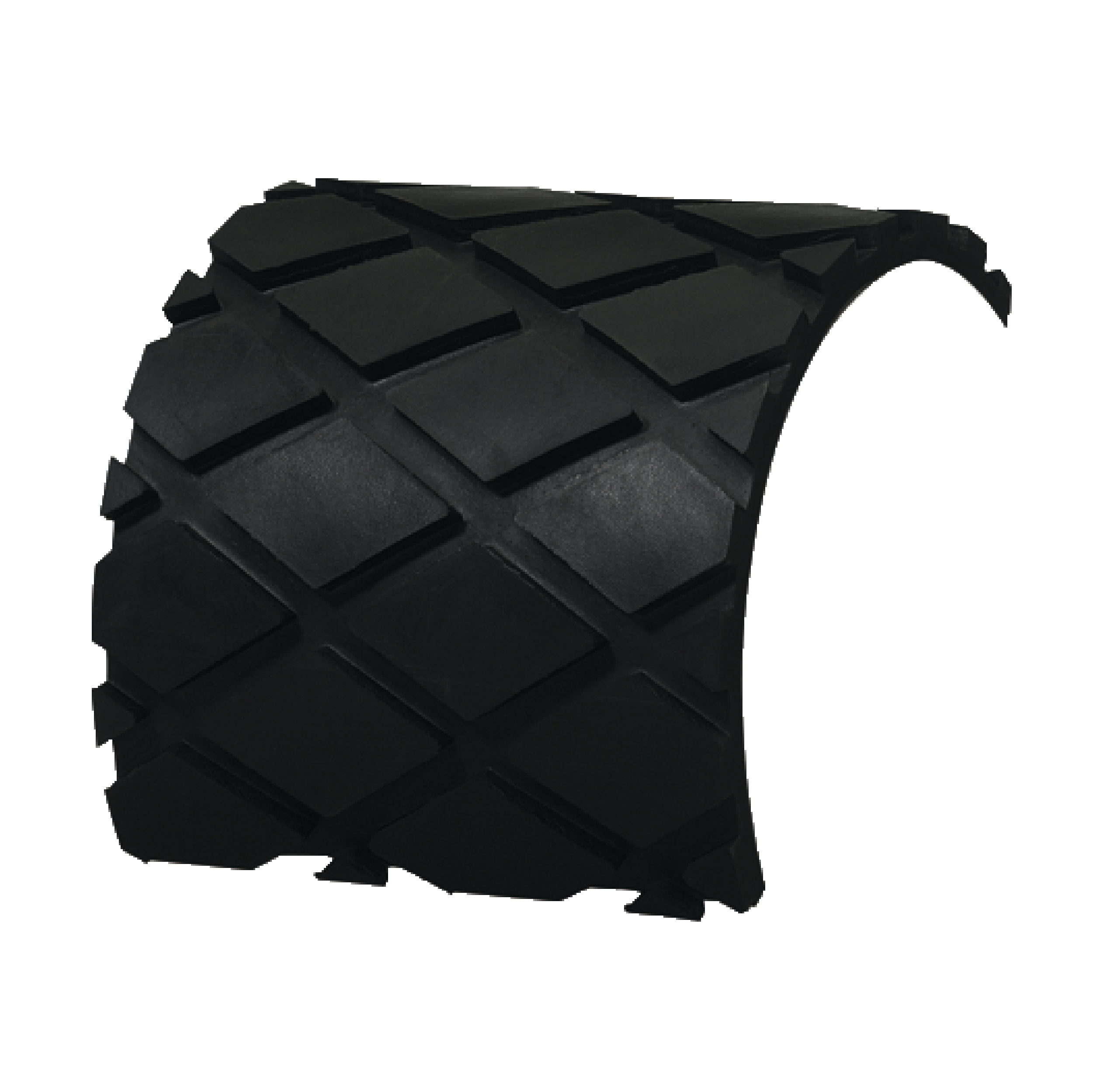 A black, curved rubber tread with a large diamond pattern, likely used for industrial or vehicle tires, displayed on a plain background.