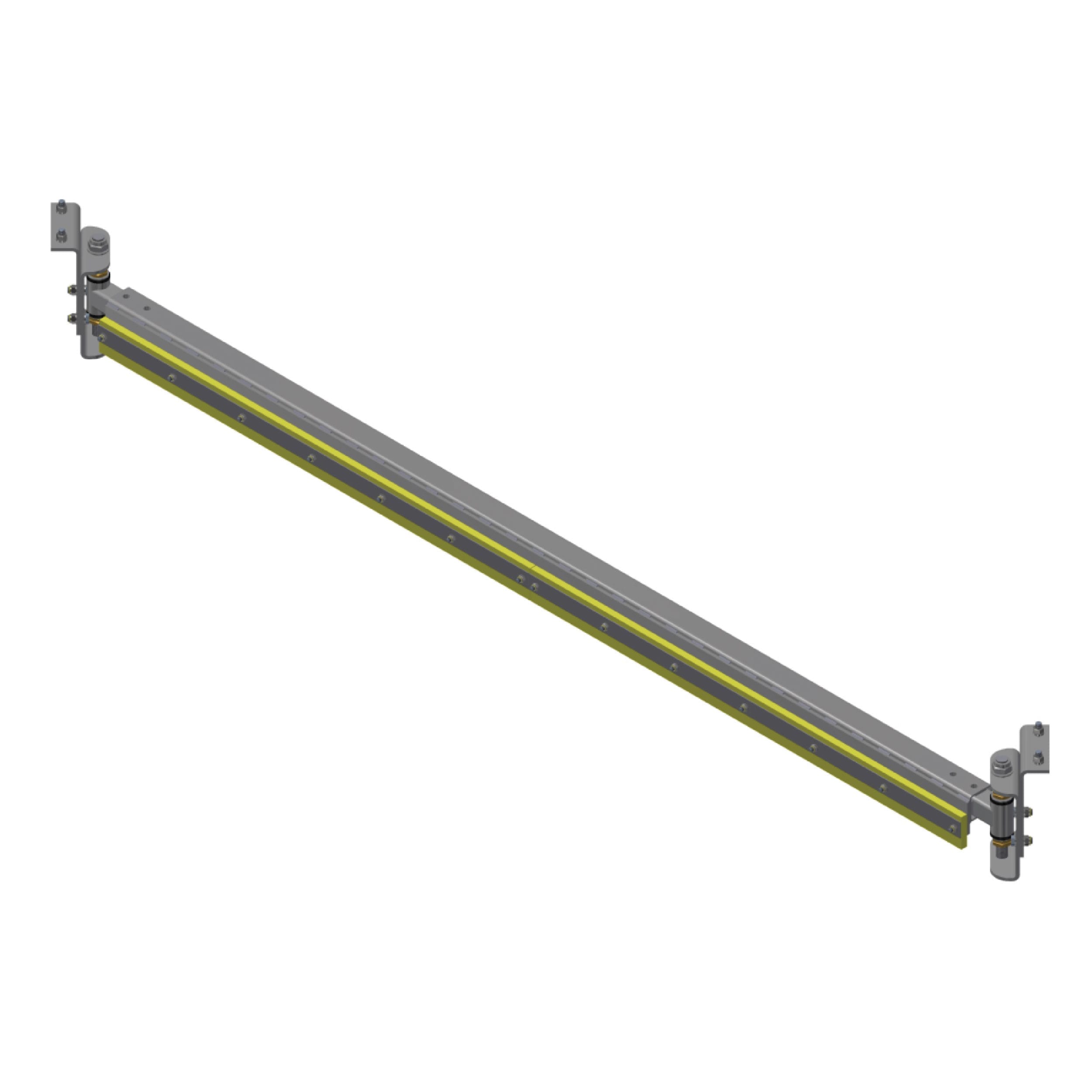 A 3D-rendered metal beam with yellow trim, mounted with brackets and bolts at each end, shown against a white background.