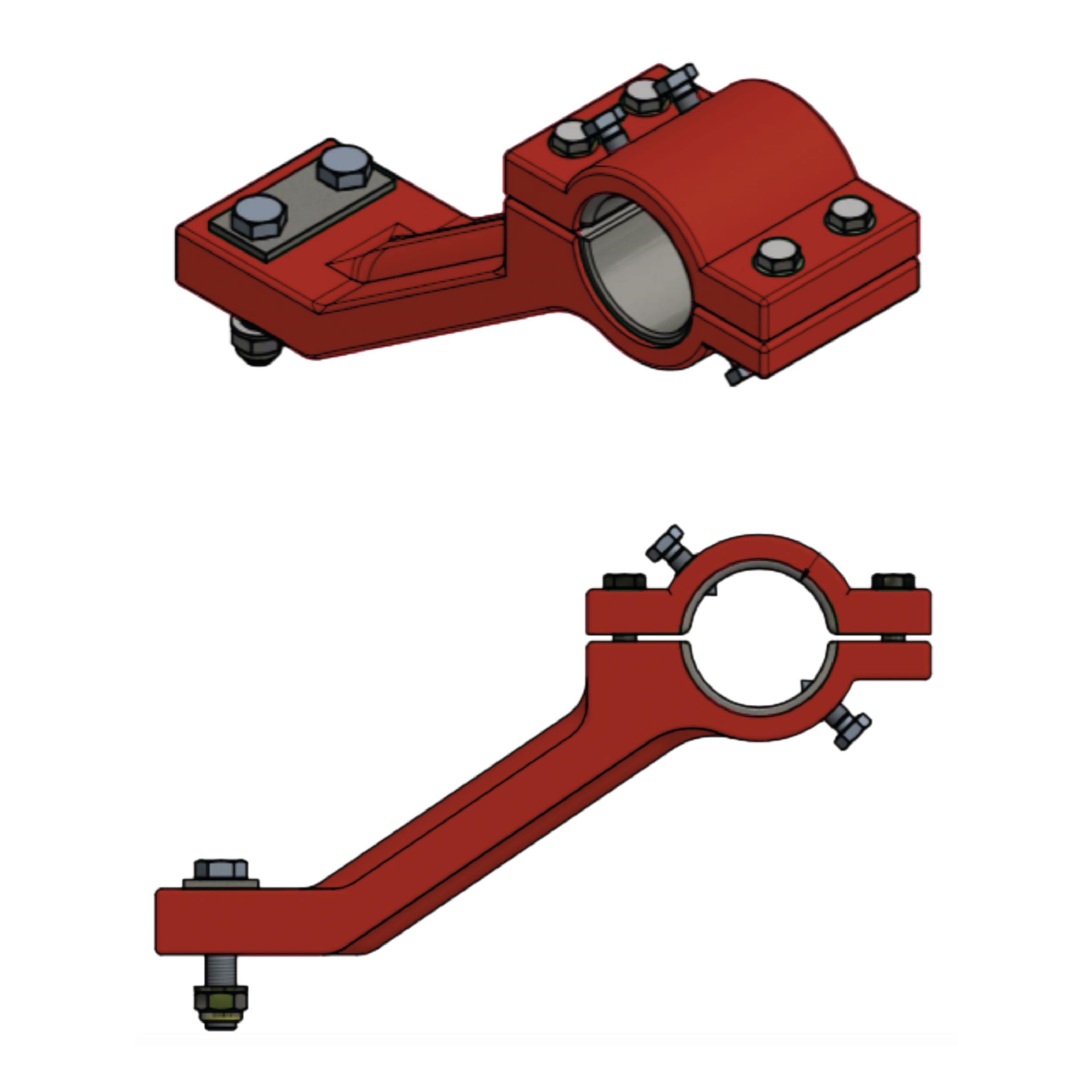 3D renderings of a red mechanical clamp bracket with bolts, shown from side and top views.