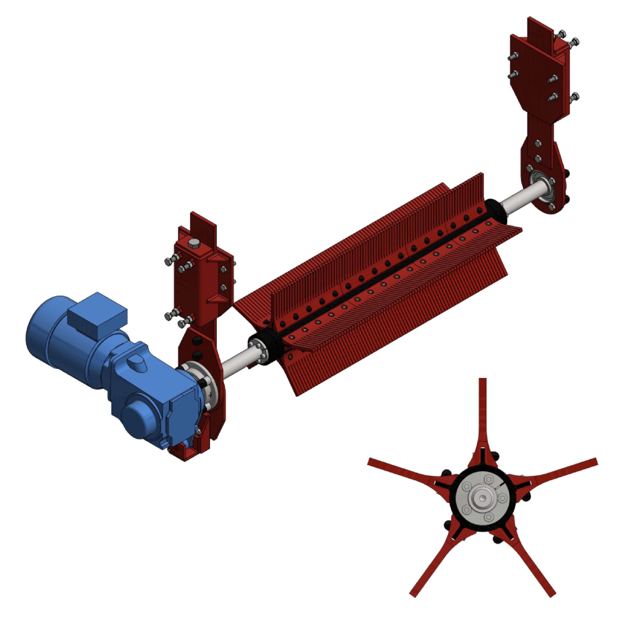 3D rendering of an industrial conveyor belt scraper assembly with a blue motor, red mounting brackets, and a red rotary blade, shown in side and top views.