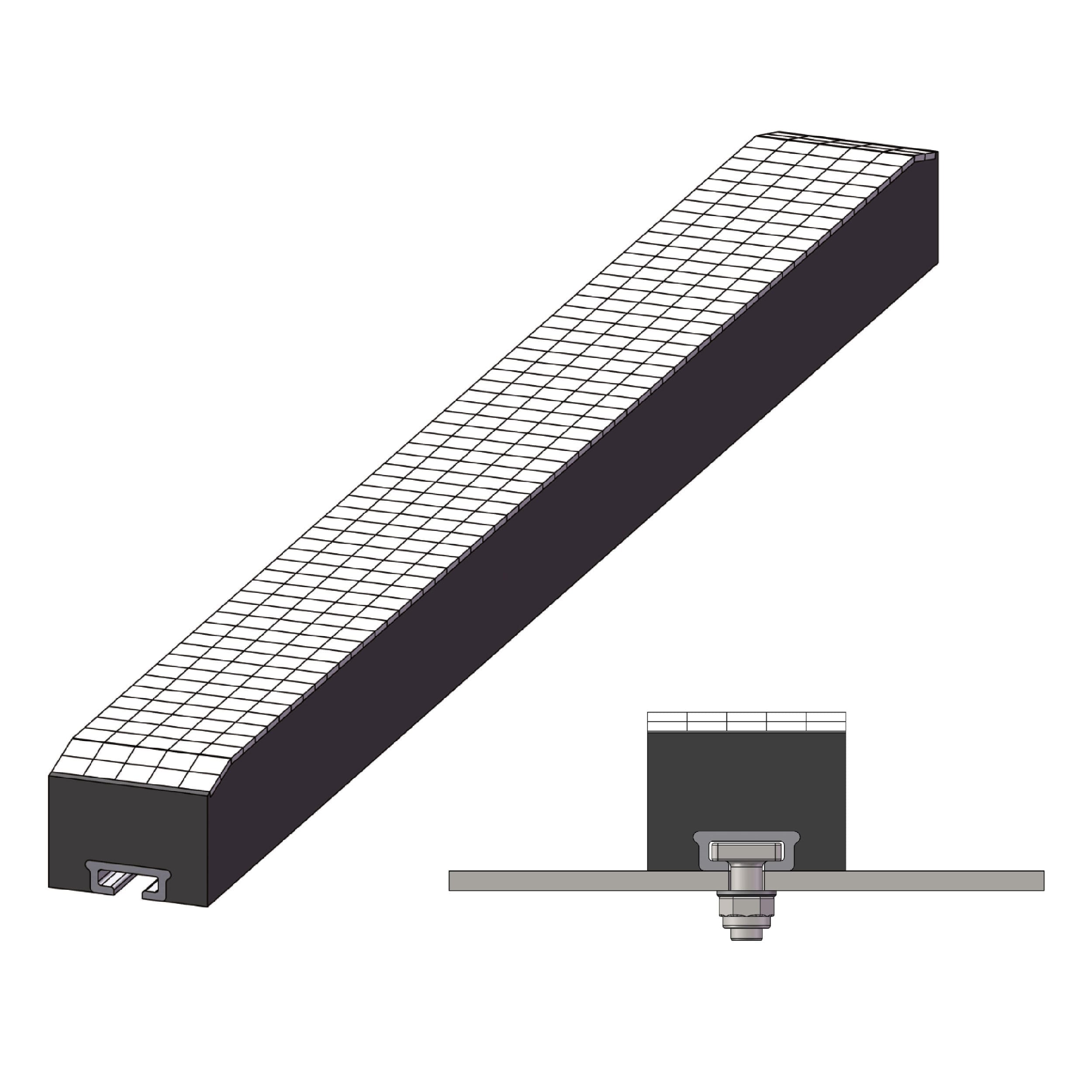A 3D rendering of a rectangular metal bar with a grid-patterned top and a bolt attachment at the bottom; a side view shows the bolt securing the bar to a flat surface.