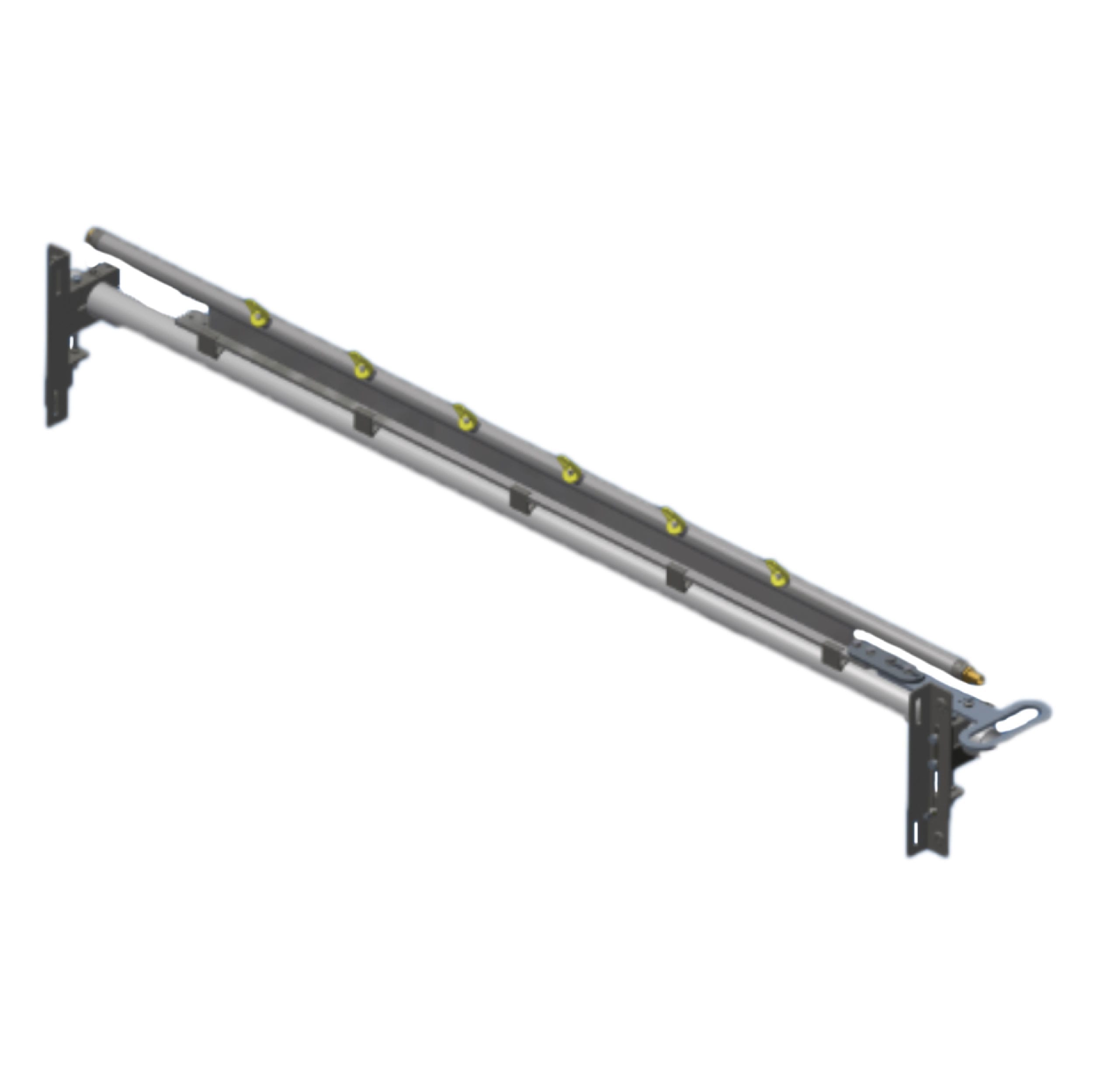 A metal rail with multiple green rollers and mounting brackets on both ends, isolated on a white background.