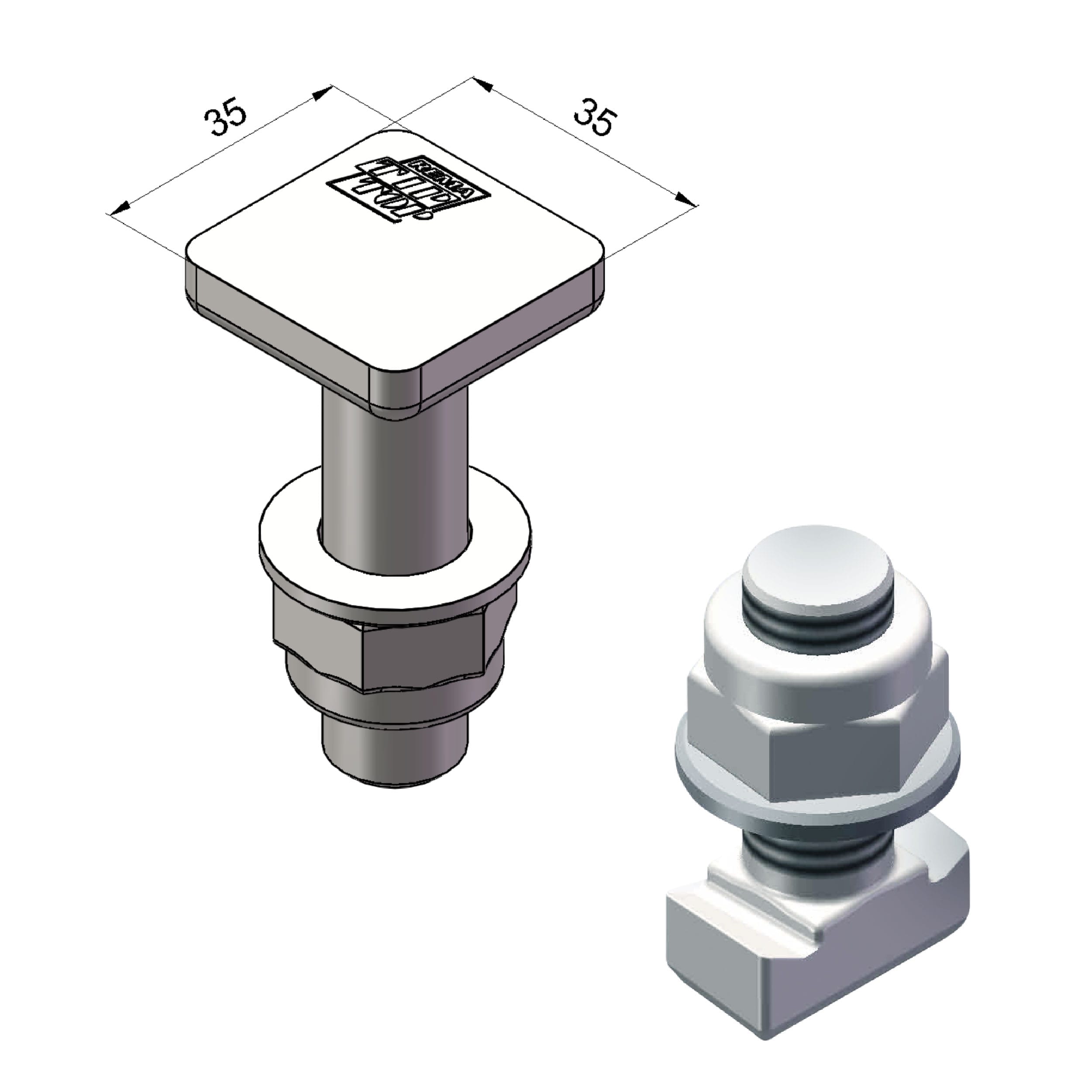 3D render of a square-head fastener assembly with a 35mm x 35mm head, shown from isometric and side views with labeled dimensions.
