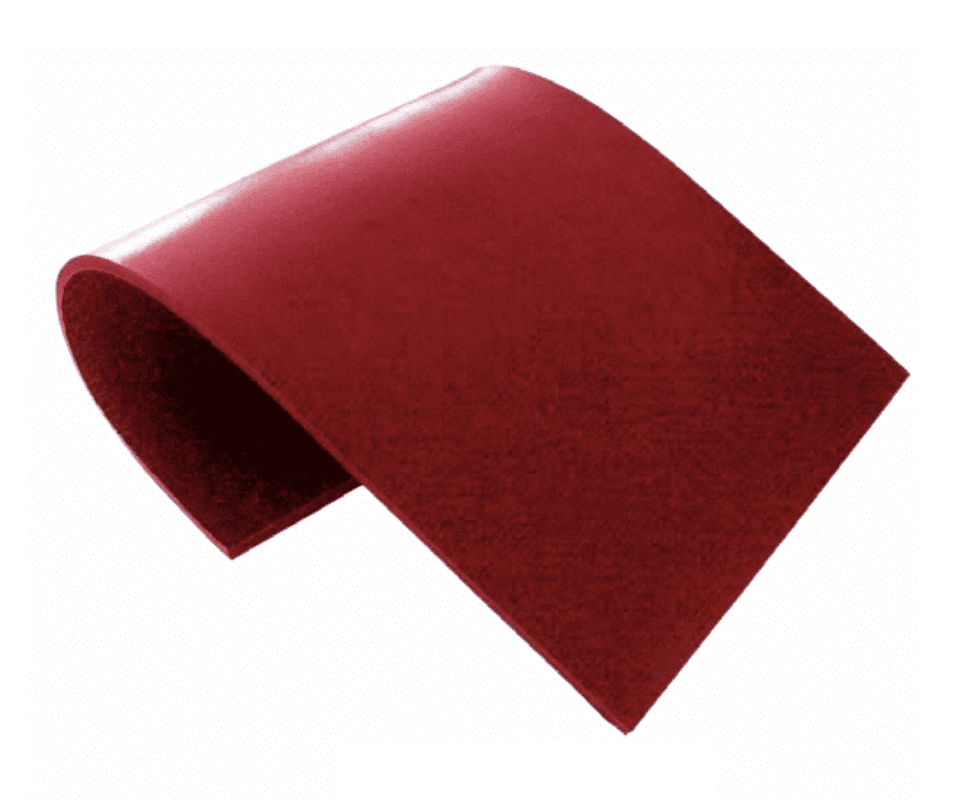 A single sheet of red sandpaper is shown, partially bent in a curved shape against a white background.