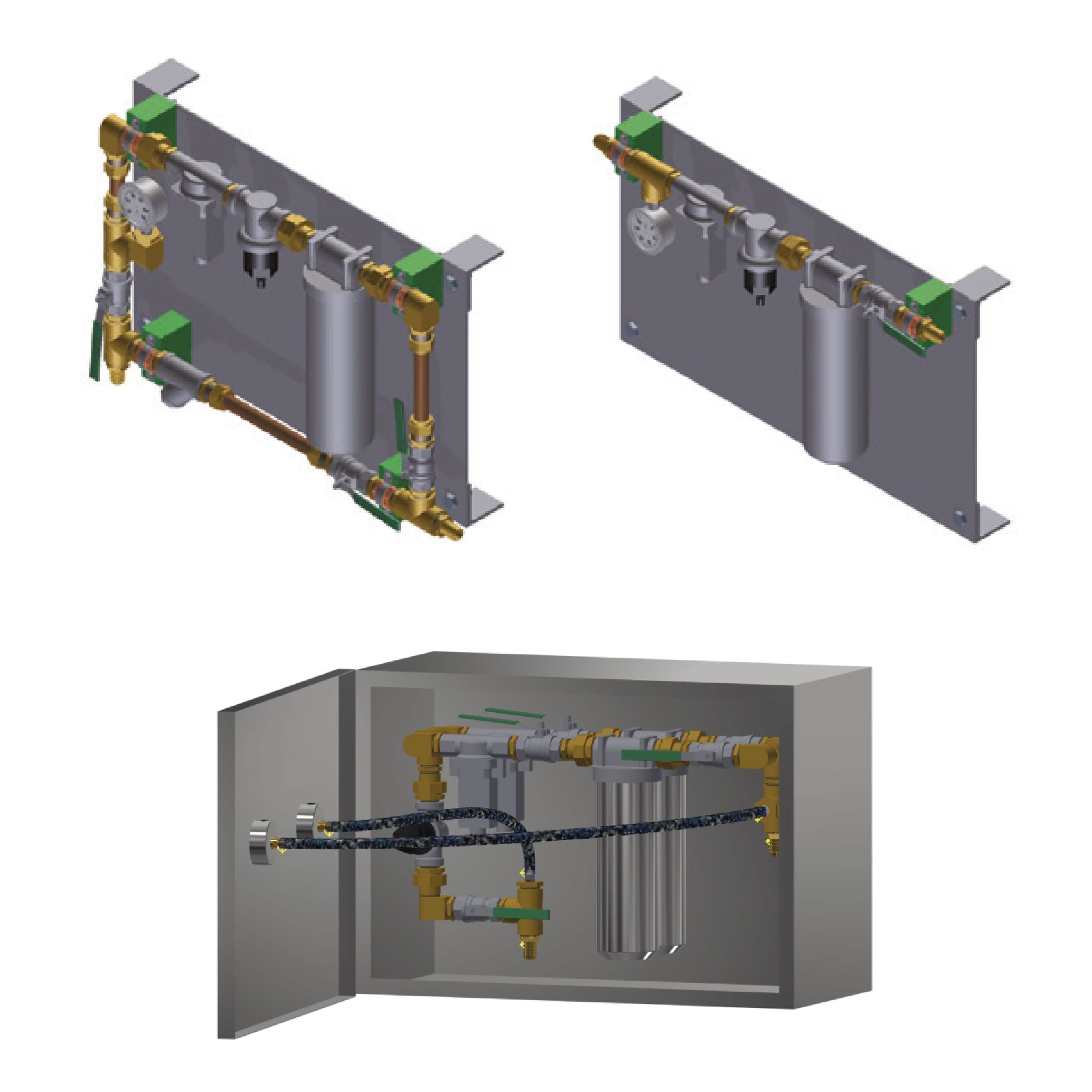 3D CAD renderings of a plumbing manifold assembly shown in two wall-mount configurations and one enclosed cabinet version with valves, filters, and brass fittings.