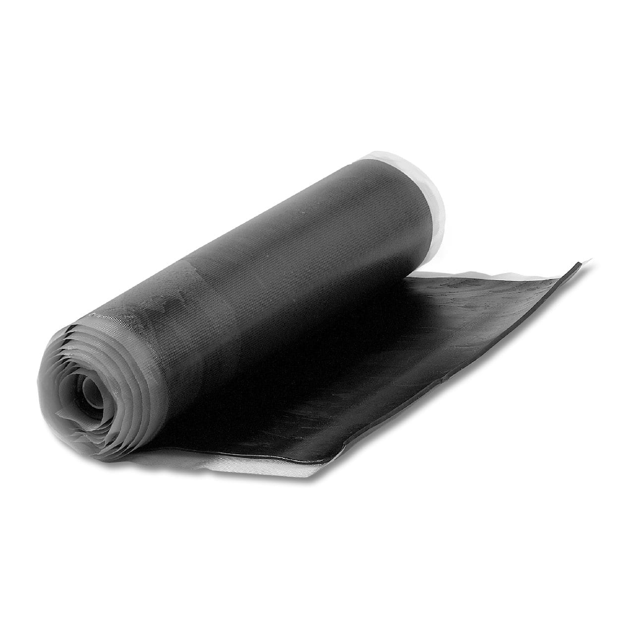 A roll of black adhesive weatherproof tape partially unrolled on a white background.