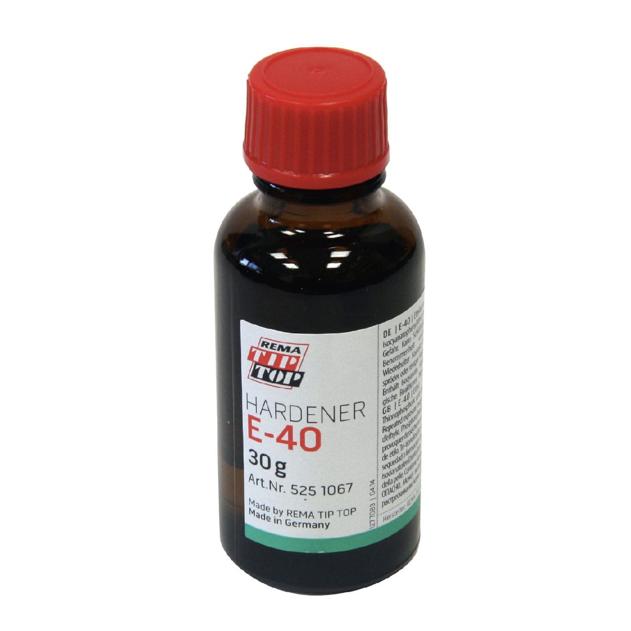 A small brown bottle of REMA TIP TOP Hardener E-40, 30g, Art Nr. 5251067, Made in Germany.
