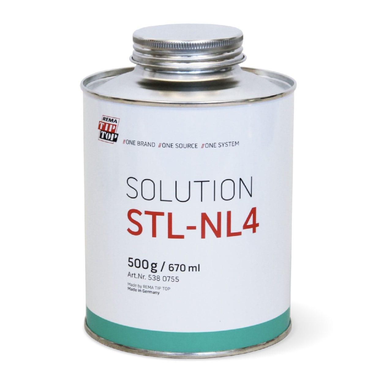 A metal can labeled SOLUTION STL-NL4 with a capacity of 500g/670ml, manufactured by REMA TIP TOP, with a screw-on lid.