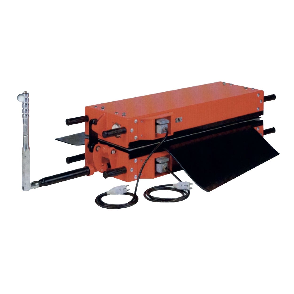 Rectangular industrial machine with orange casing, black conveyor belt, metal rods, side handle, and attached cables, positioned against a white background.