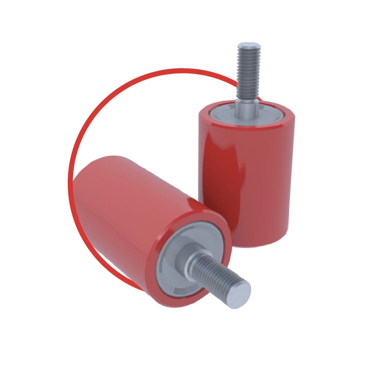 Two red cylindrical rollers with metal threaded shafts, connected by a red flexible belt, shown on a white background.
