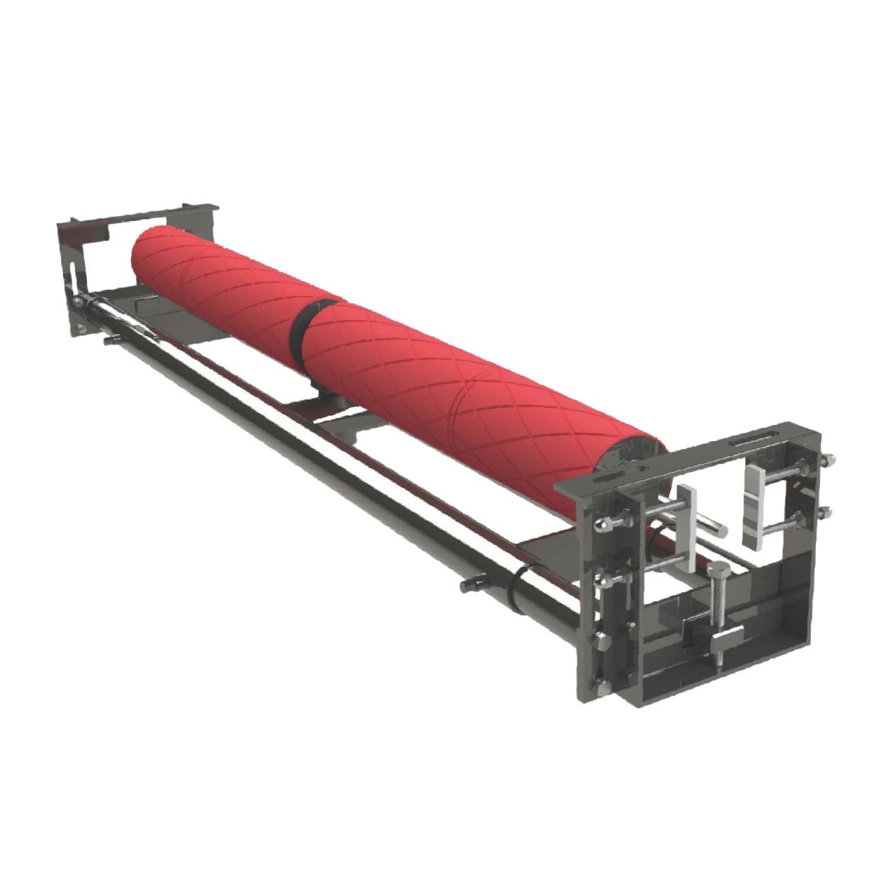 A red diamond-patterned cylindrical tube mounted diagonally within a black steel rectangular frame with adjustable bolts and rails.