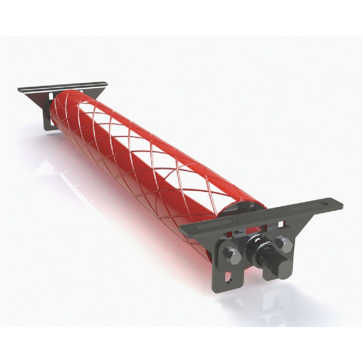 Red and black industrial roller with a diamond-patterned surface and mounting brackets at both ends, shown on a white background.