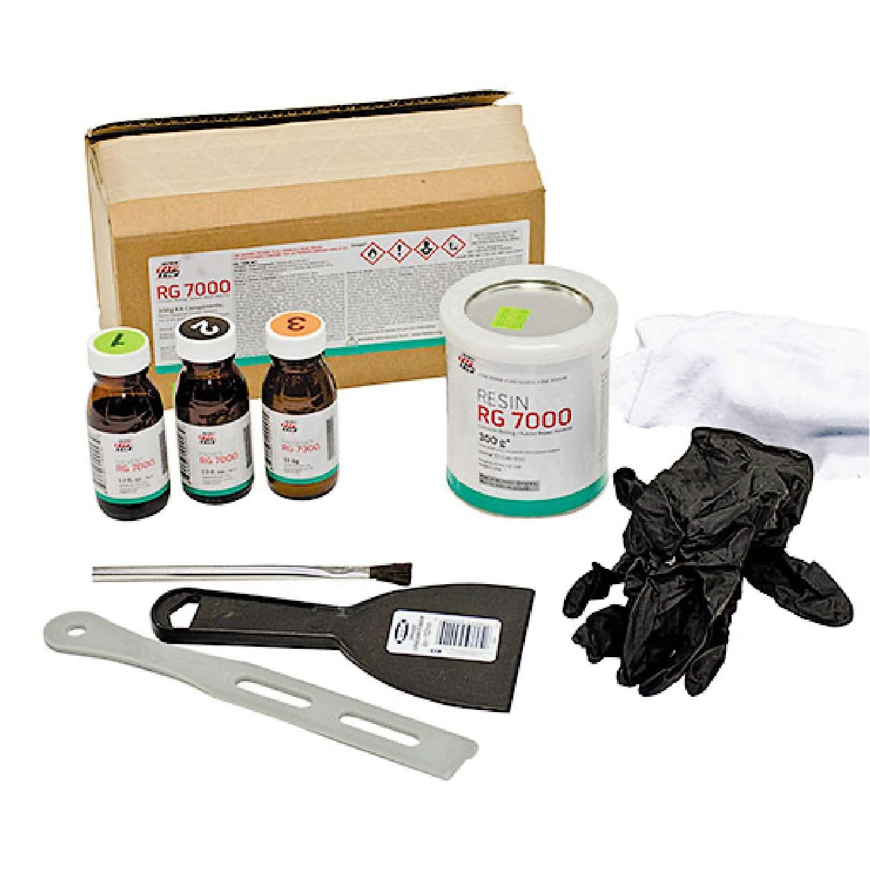 Kit containing bottles of chemicals, labeled “Resin RG 7000,” black gloves, a white cloth, a brush, a spatula, and a plastic mixing tool arranged next to a cardboard box.