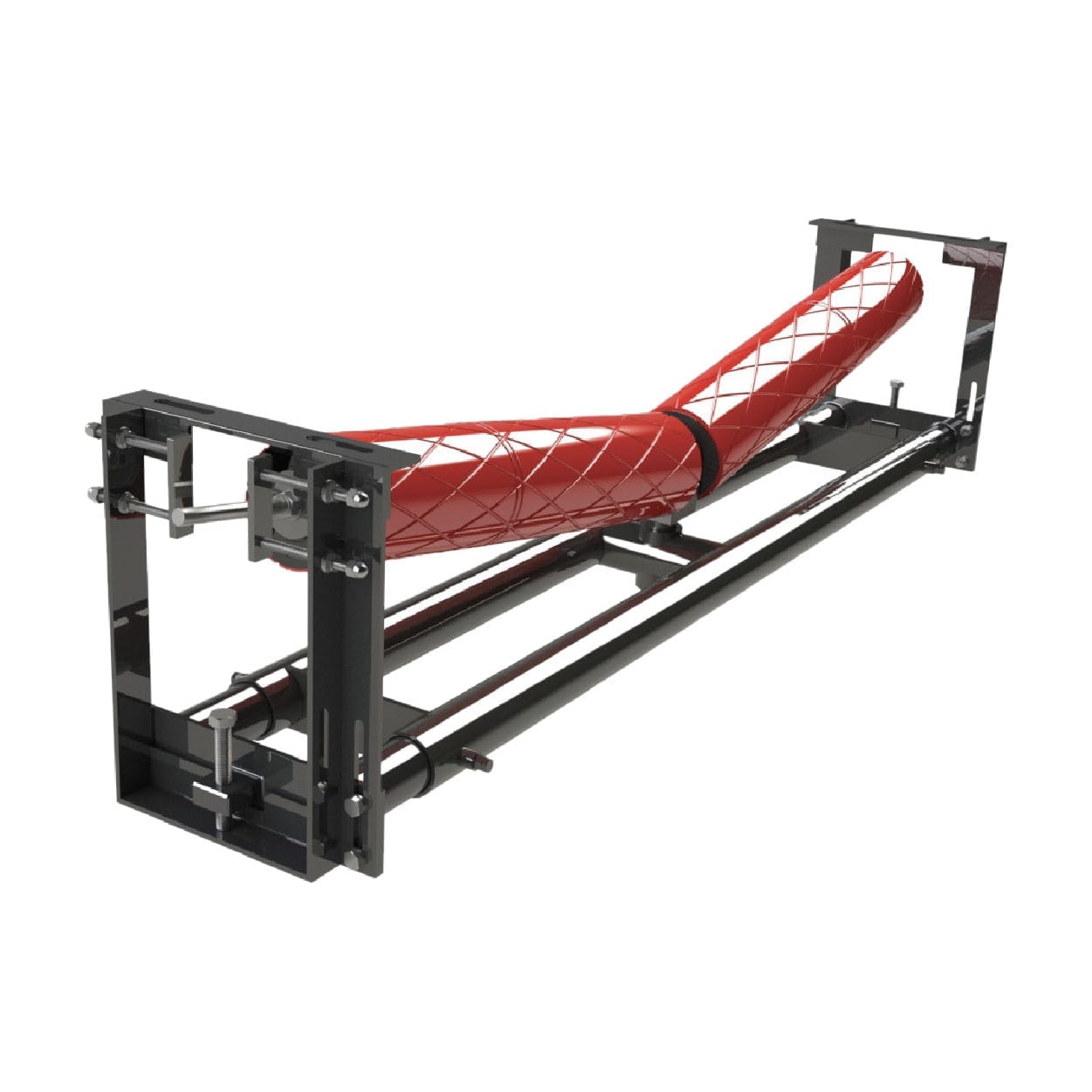 A red diamond-patterned cylindrical tube mounted diagonally within a black steel rectangular frame with adjustable bolts and rails.