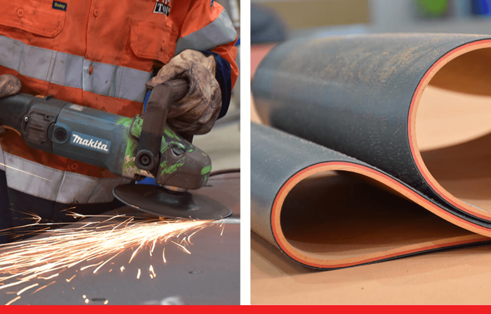 A worker using a Makita grinder to cut metal, with sparks flying during the operation.