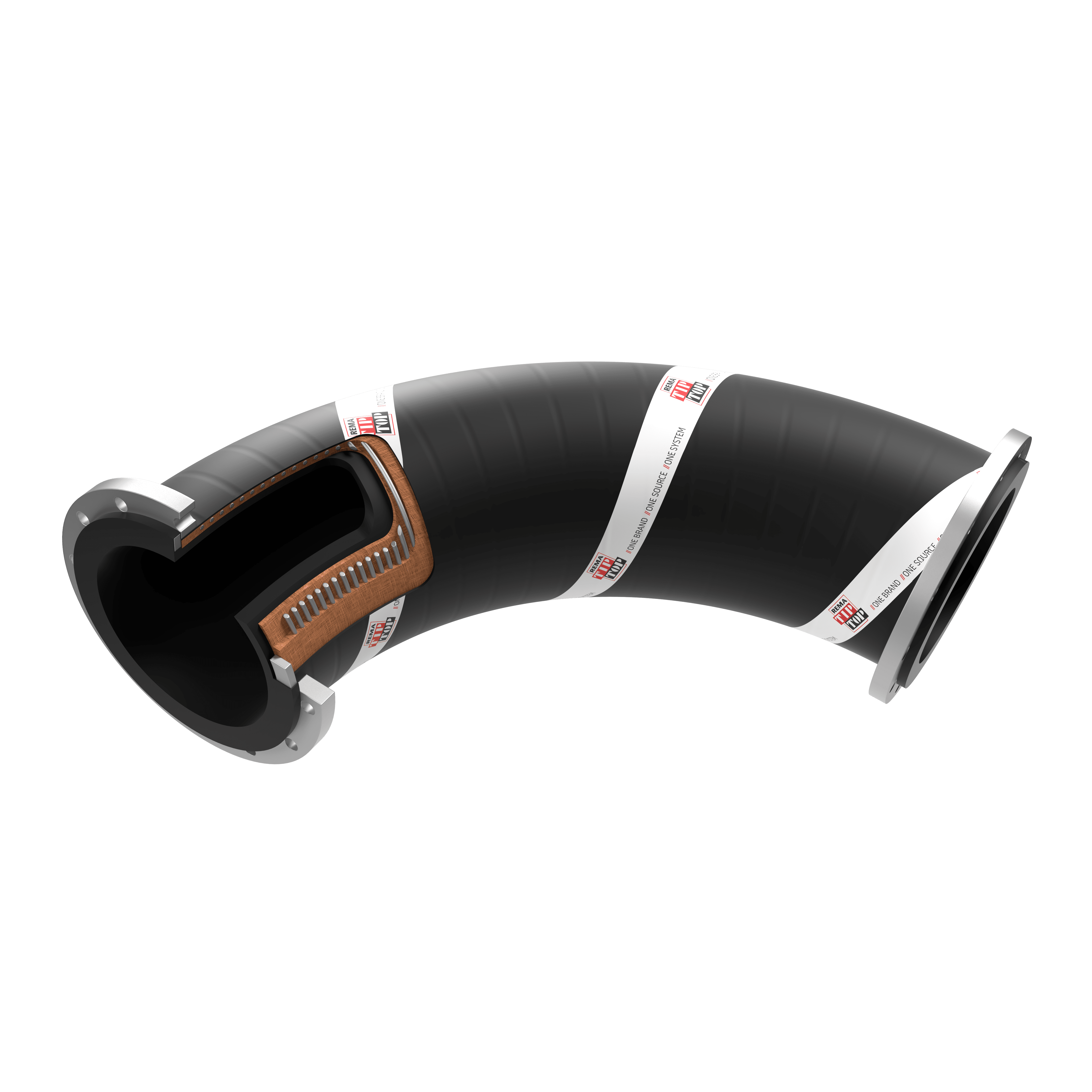 A cutaway view of a black industrial hose with metal flanges, displaying internal reinforcement layers and white identification bands.
