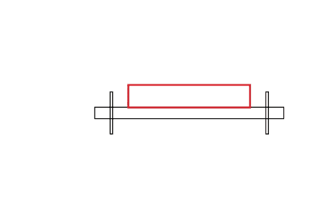 A simple diagram showing a horizontal black rectangle with two vertical lines at each end and a red rectangle placed on top in the center.