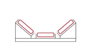 Diagram of a seating arrangement with three angled cushions outlined in red on a rectangular base, two positioned diagonally and one placed horizontally in the center.