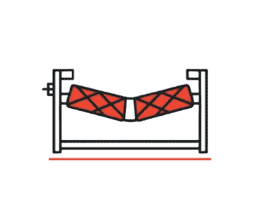 Illustration of a red, sagging conveyor belt on a roller frame, showing belt misalignment or lack of tension.