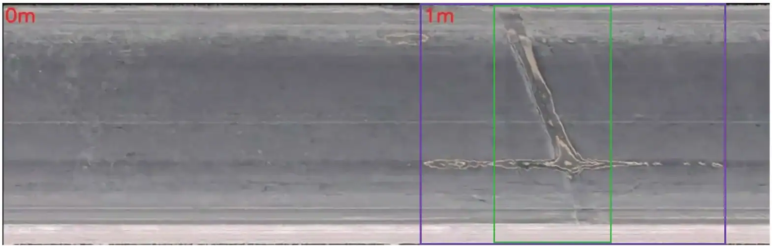 Conveyor belt image generated from video, with an AI-detected splice outlined at the 1 metre mark